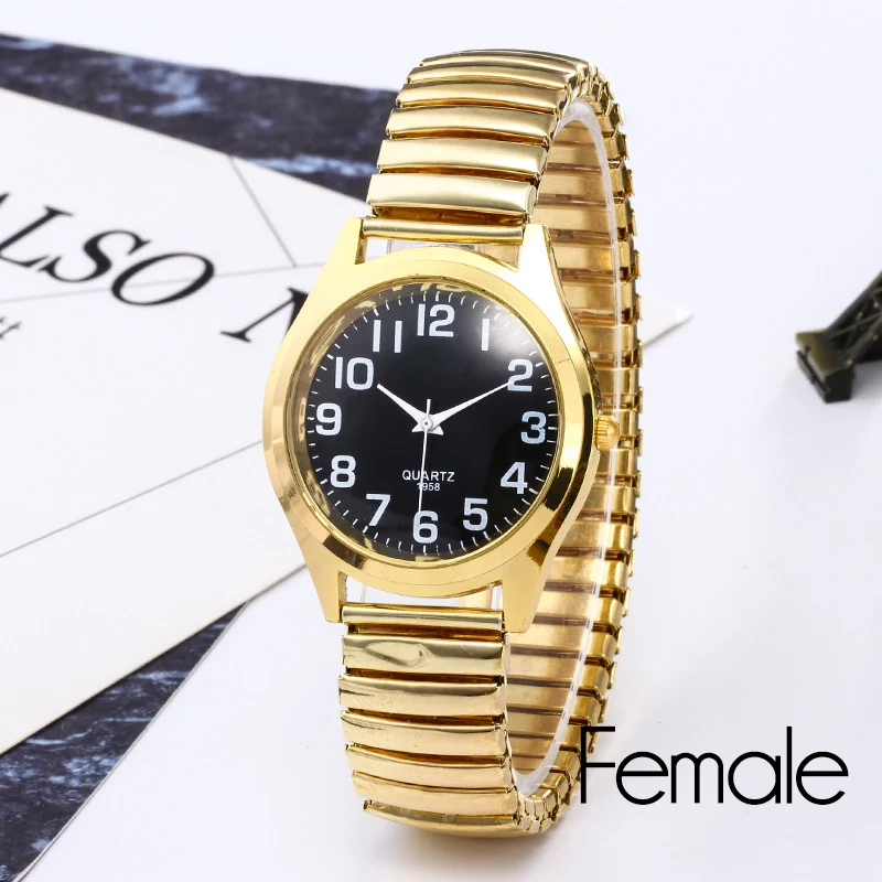 Модные деловые женские мужские эластичные золотые Серебристые Кварцевые черные часы для влюбленных Пара вечерние офисные браслет OL часы подарок - Цвет: GoldF