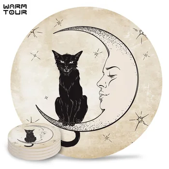 

4/6/8 PCS Cat Moon Stars Retro Placemat Ceramic Drink Coasters Table Decoration Absorbent Moisture