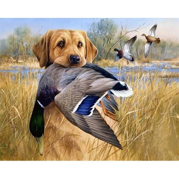 

Full Round Diamond 5D Diy Diamond Painting"Dog Hunt Duck"Embroidery Rhinestone Painting Decor
