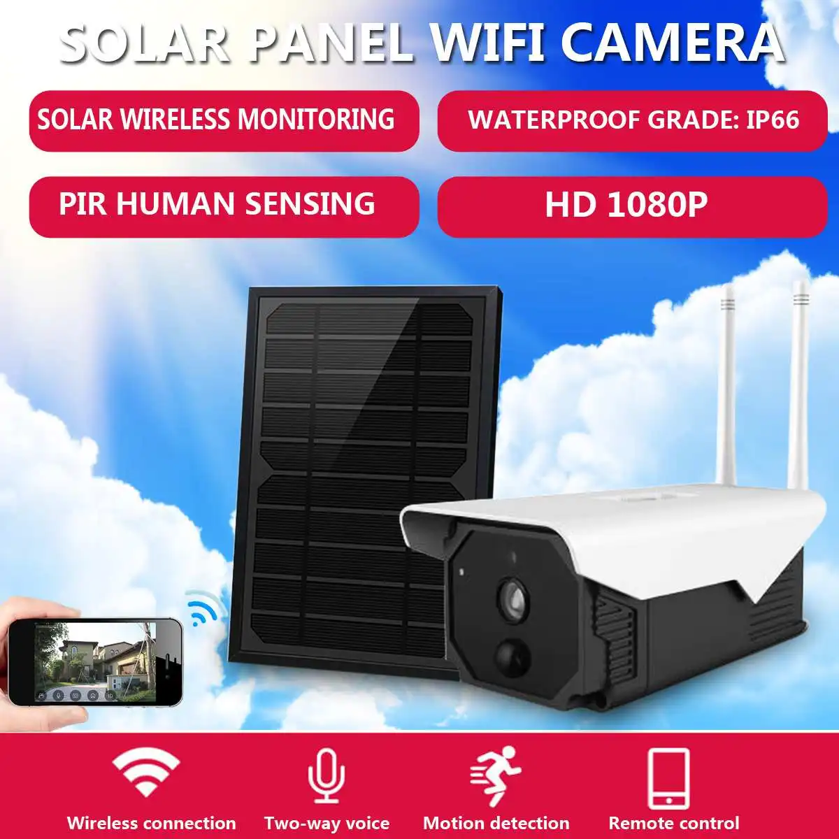 

Waterproof 104 Degree Solar WIFI HD1080p Camera Solar Panel Powered PIR Motion Detection Support TF card & Free Cloud Storage