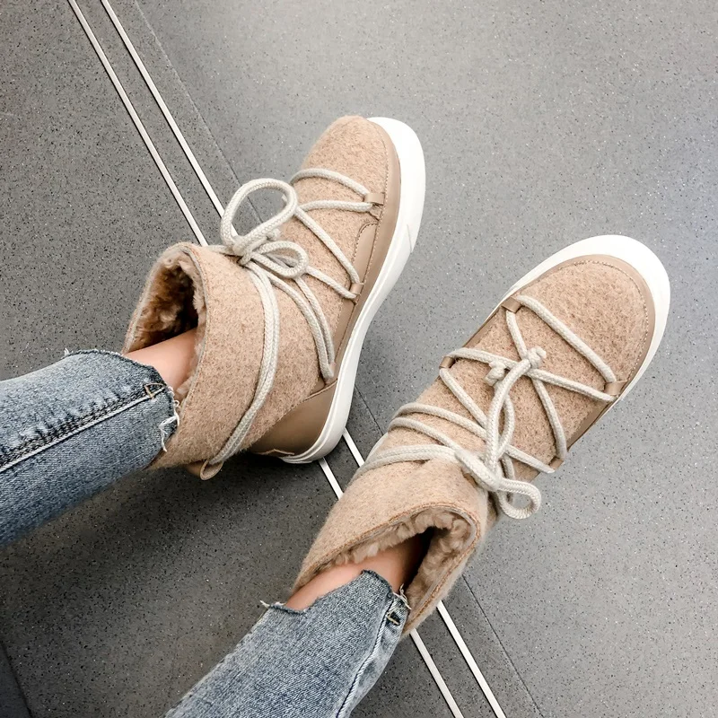 EGONERY Cute Wool Snow Boots 2020 Winter Fashion Women's Flats Shoes Pink Apricot Black 34-42 Plus Size Ankle Boots Dropshipping