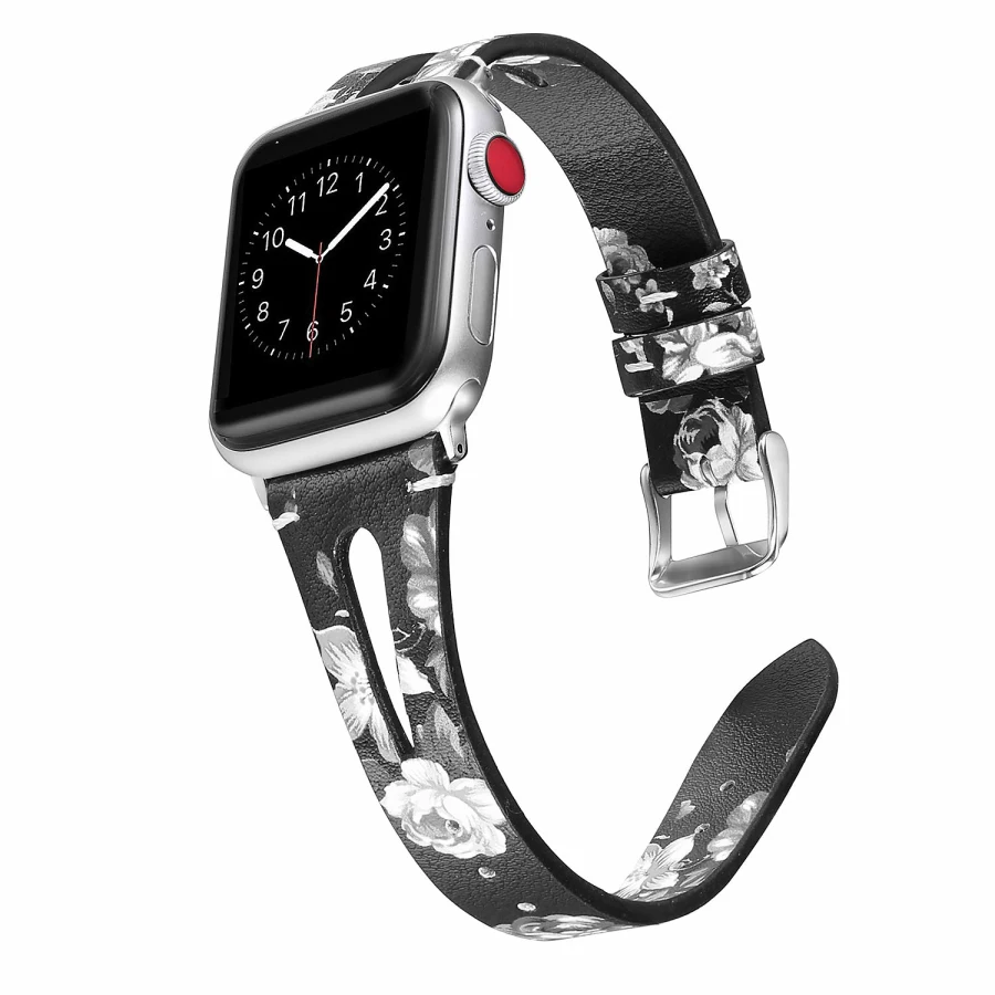 Кожаный ремешок с цветочным принтом для Apple Watch Series 4 3 2 1 браслет ремешок для iWatch 4 38 мм 42 мм 40 мм 44 мм наручный ремень - Цвет ремешка: flower grey