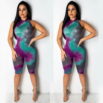 

2020 Brand HOT Women Halter Neck Sleeveless Fitness Playsuit Multi-color Tie-dyeing Print Skinny Casual Knee-length Bodysuit
