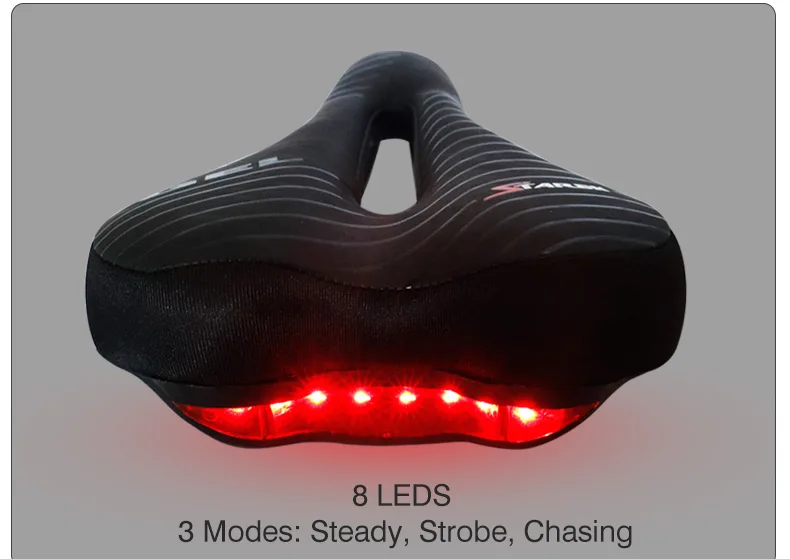 Bicycle Saddle W/ 8 LED Taillight Shock Absorption Gel Intensity Foam Seat PU Leather Comfy Durable Use MTB Road Seat