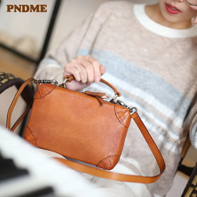 

PNDME fashion simple genuine leather women's shoulder messenger bags casual vintage ladies party small handbag box for female