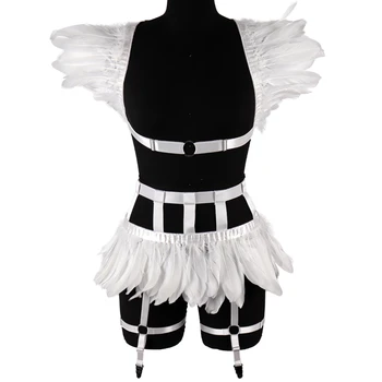 

Feather Epaulettes Harness Bra for Women Crop Tops Cage Harness Skirt Set Elastic Adjust Garter Belt Goth Pole Dance Club Rave