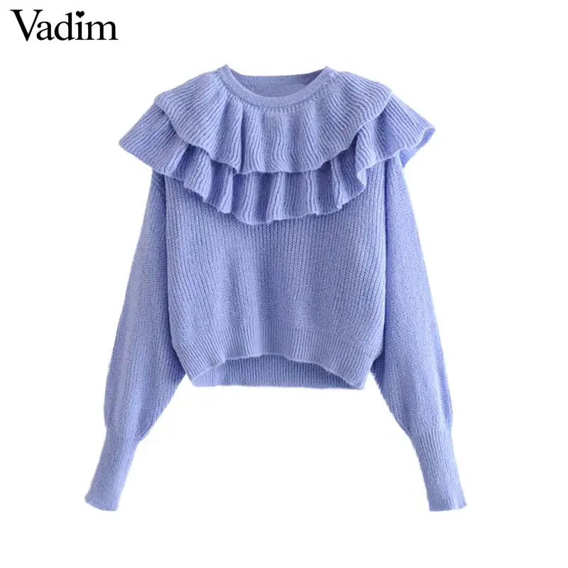 Vadim women sweet knitted solid top long sleeve stretchy sky blue ruffles sweater female casual pullovers short chic tops HA525 | Женская