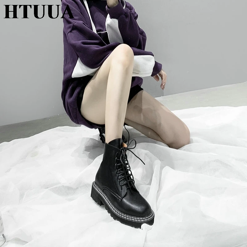 HTUUA/теплые плюшевые зимние ботинки; женские короткие ботильоны на шнуровке в клетку; женские осенние ботинки на массивной платформе; женская обувь; SX3438