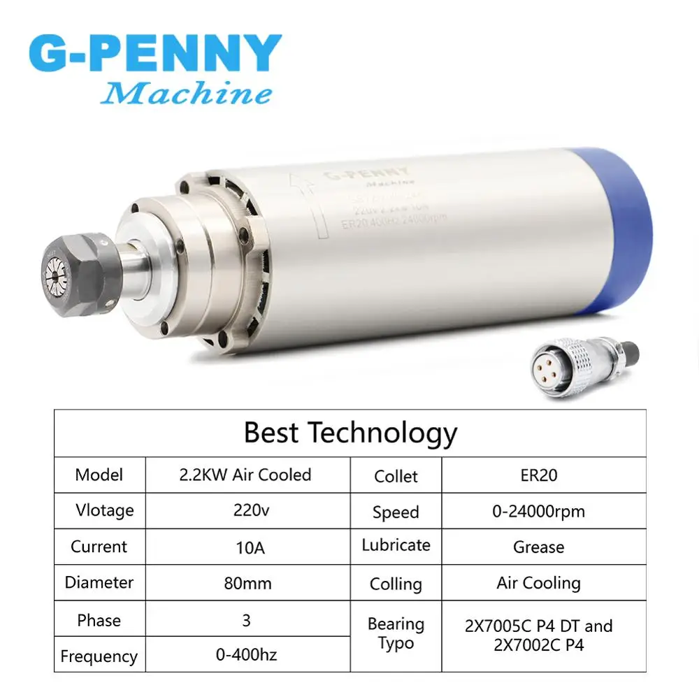 Фрезерный мотор шпинделя с ЧПУ 2,2 кВт ER20 220 В мотор шпинделя с воздушным охлаждением 224 кВт с воздушным охлаждением 80x мм 4 подшипника для гравировки с ЧПУ