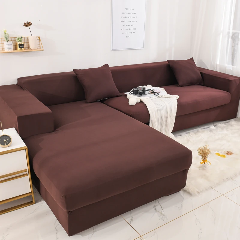 Solid Brown All-inclusive sofa cover Elastic Sofa Slipcovers L shape Covers for Living Room | Дом и сад