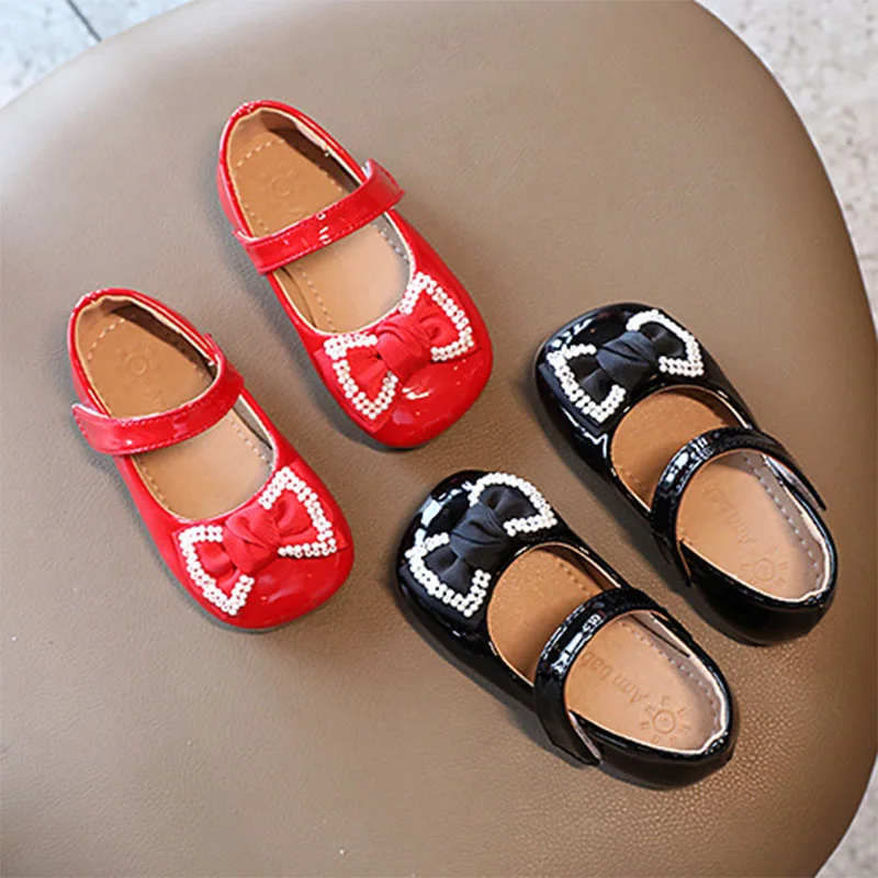Spring Autumn Girls Leather Shoes Bowtie Pearls Mary Janes For Baby Children Princess Shoe Bridal White Black Red Toddlers |