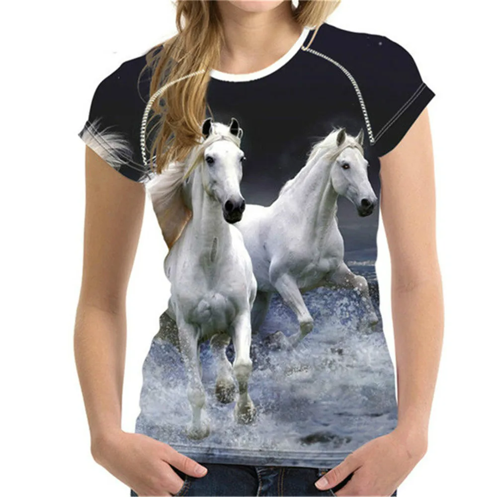 Summer 3D Print Animal Horses Graphic Women's T shirt Round Neck Short