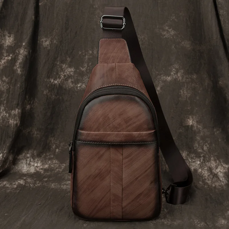 

Retro Men's Chest Bag Male Leather Oblique Bag Men's Leather Satchel Multifunctional Single Shoulder Chest Bag