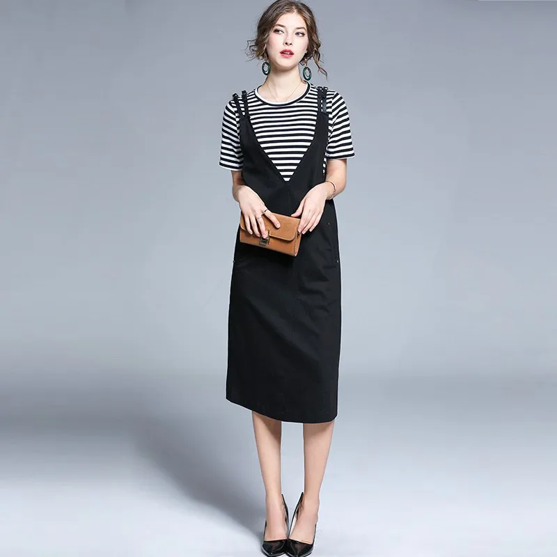 

Europe And America 2019 Summer Wear-New Style WOMEN'S Dress Mid-length Spring And Summer Two Case Stripes T-shirt Cowboy Braces