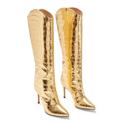 

2022 Metallic Sheen Mirror Leather Knee-High Heels Boots Pointed Toe Gold Stiletto Heels Boots Women Runway Banquet Shoes