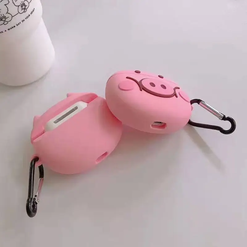 Pink Pig Pattern Protective Case Silicone Cover with Carabiner for Airpods 1/2 for smart watch