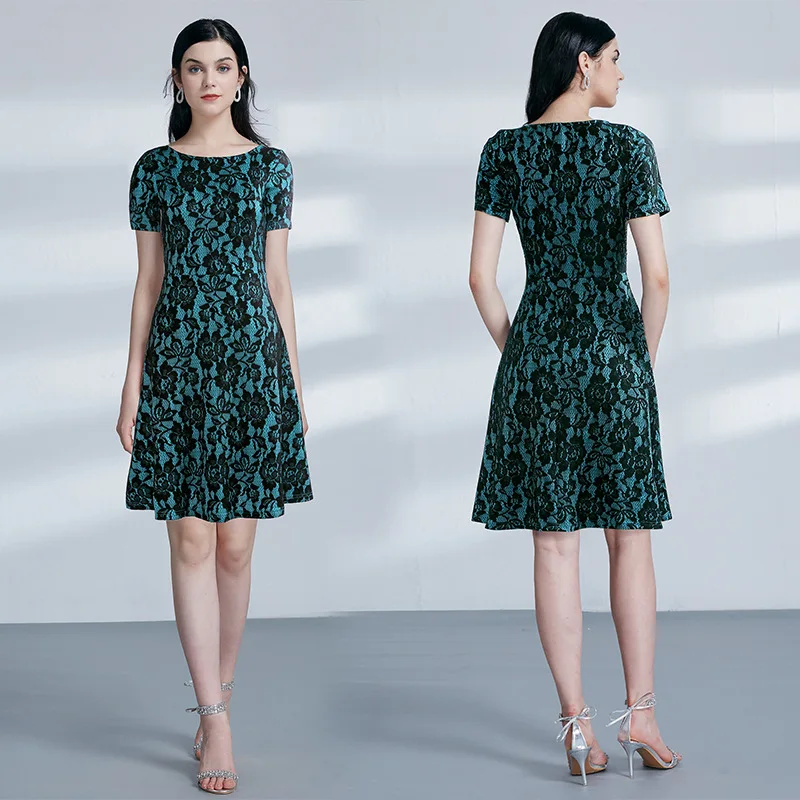 

2020 Europe And America Spring Lace Printed Crew Neck Short Sleeve Cocktail Will Formal Dress Late Formal Dress Dress