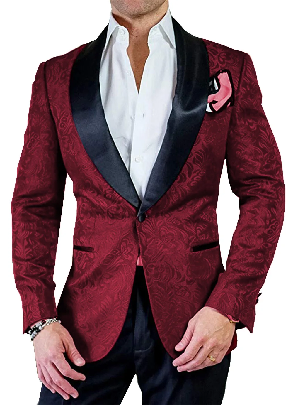 Burgundy black Мужской костюм из 2 предметов, зауженная жаккардовая шаль, смокинги с лацканами, повседневные мужские костюмы для свадьбы,(Блейзер+ штаны - Цвет: Burgundy black