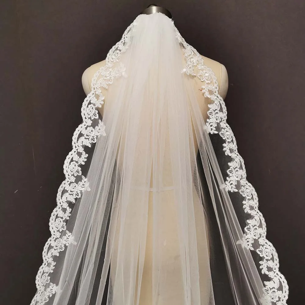 Lace Veil Real Photos Long Lace Bridal Veil Comb 3.5 Meters 1 Layer Cathedral Wedding Veil Wedding Accessories