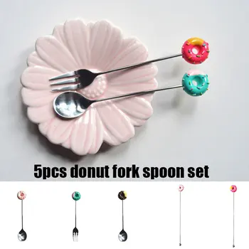 

Newest 5pcs Kitchen Stainless Steel Doughnut Donuts Coffee Tea Spoon Set/Stirring Stick/Fruit Dessert Pastries Fork Set