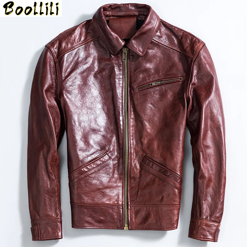 

Boollili 2020 Genuine Leather Jacket Men Vintage Real Cow Leather Coat Spring Autumn Cowhide Motorcycle Jacket Man