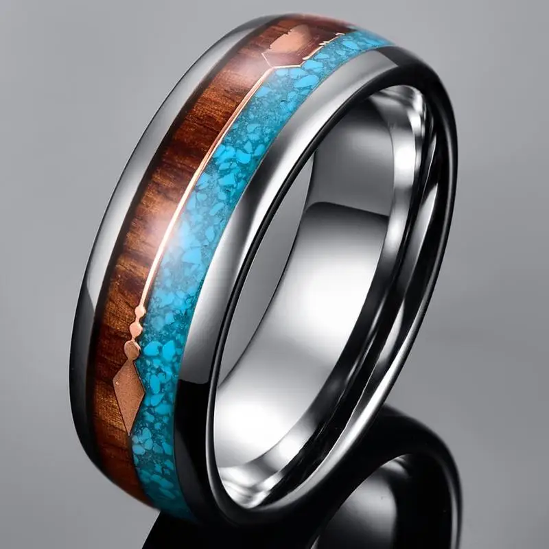 8 мм мужское Гавайское кольцо из дерева КОА и карбида вольфрама с стрелкой из розового золота, удобное, подходит для размеров 7-12