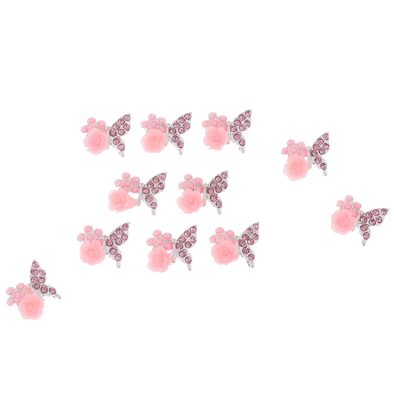 Crystal Rhinestones For Nail Art Decoration 10pcs/bag 3D Pink Butterfly Jewelry Nail Art Glitter Silver Alloy Manicure Supplies