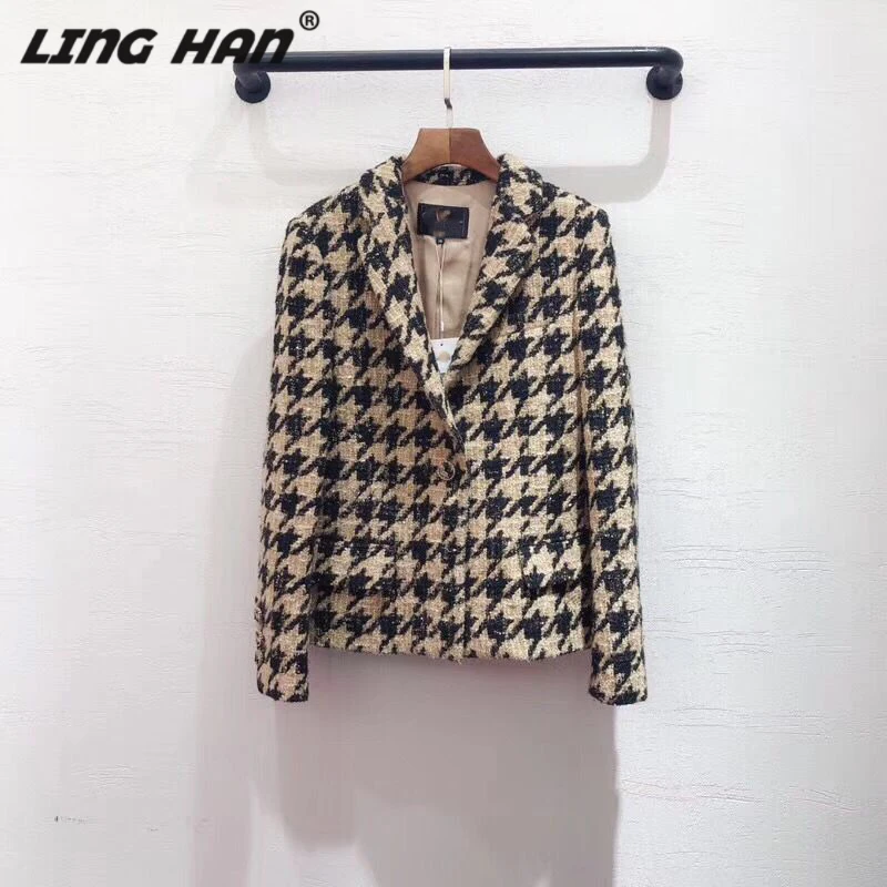

LINGHAN Elegant Black White Plaid Jackets Women's High-End Long sleeve Outwear + Silk Lining Designer Autumn Winter New