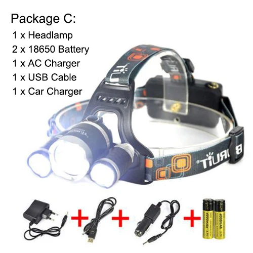 package D Boruit 3xcree XM-L2 R2 5000Lm светодиодный налобный фонарь USB налобный фонарь Linterna головной светильник фонарь 18650 Батарея AC/автомобиль Зарядное устройство - Испускаемый цвет: package D