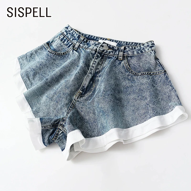 

SISPELL Patchwork Colorblock Denim Shorts For Female High Waist Limming Ruched Women's Casual Short Fashion Summer New 2021