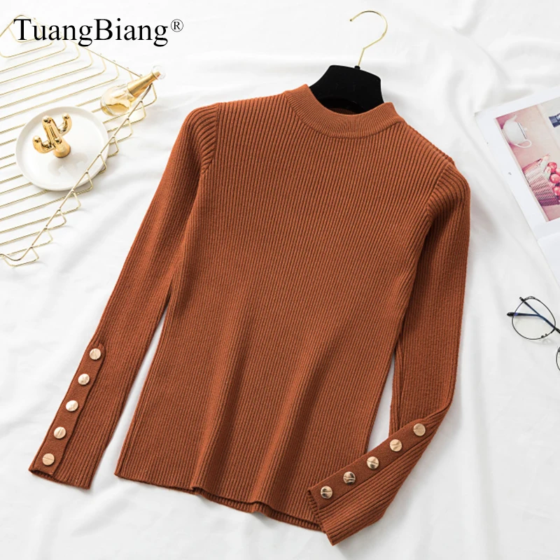 Ladies Long sleeve Knit Autumn Sweater Winter Basic Metal Button Women Elastic Turtleneck Pullovers Split Cuff Tops jumpers 2019
Ladies Long sleeve Knit Autumn Sweater Winter Basic Metal Button Women Elastic Turtleneck Pullovers Split Cuff Tops jumpers 2019