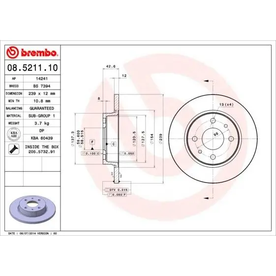 Диск тормозной LADA 2108/2109/21099 передний BREMBO 08.5211.10