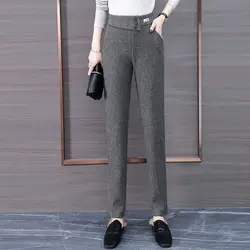 Women Spring Autumn Woolen Pants Button Solid Color High Waist Loose Casual Slim Straight Harem Pants Female Women Spring Autumn Woolen Pants Button Solid Color High Waist Loose Casual Slim Straight Harem Pants Female