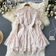 

Atopos Sweet Floral Women Elegant Chiffon Dress Spring Off Shoulder Short Dresses Long Sleeve High Waist Vestidos Female Clothes
