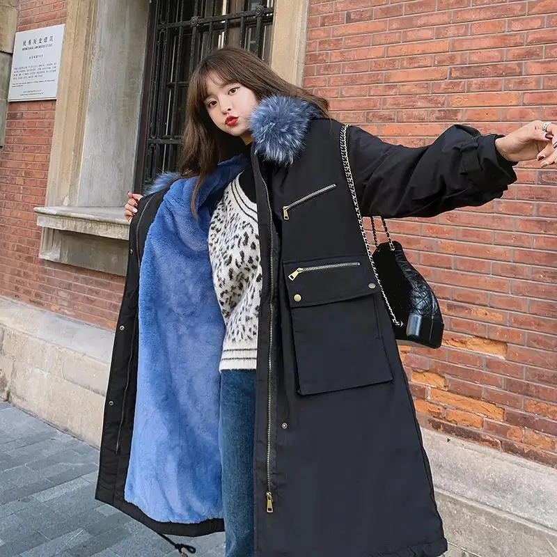 

2019 Season New Style Korean-style Women's Loose-Fit Students Drawstring Plush Warm Coat Mid-length Cangzhou Cotton Coat