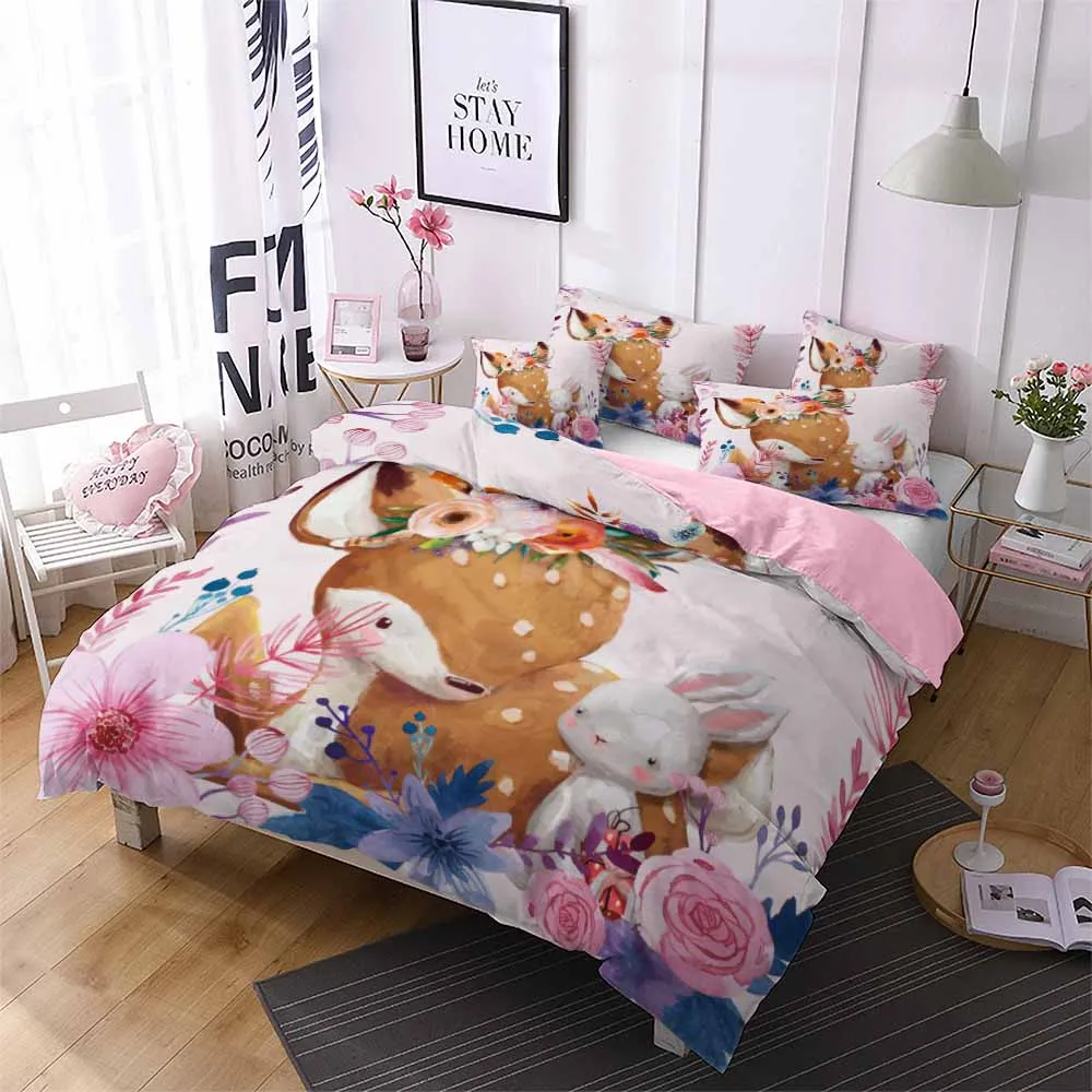

Deer Bedding All Season Soft Microfiber Bedding Set Twin Full Queen King Size Cartoon Animals Bed Linen Set 2/3 Piece for Teens