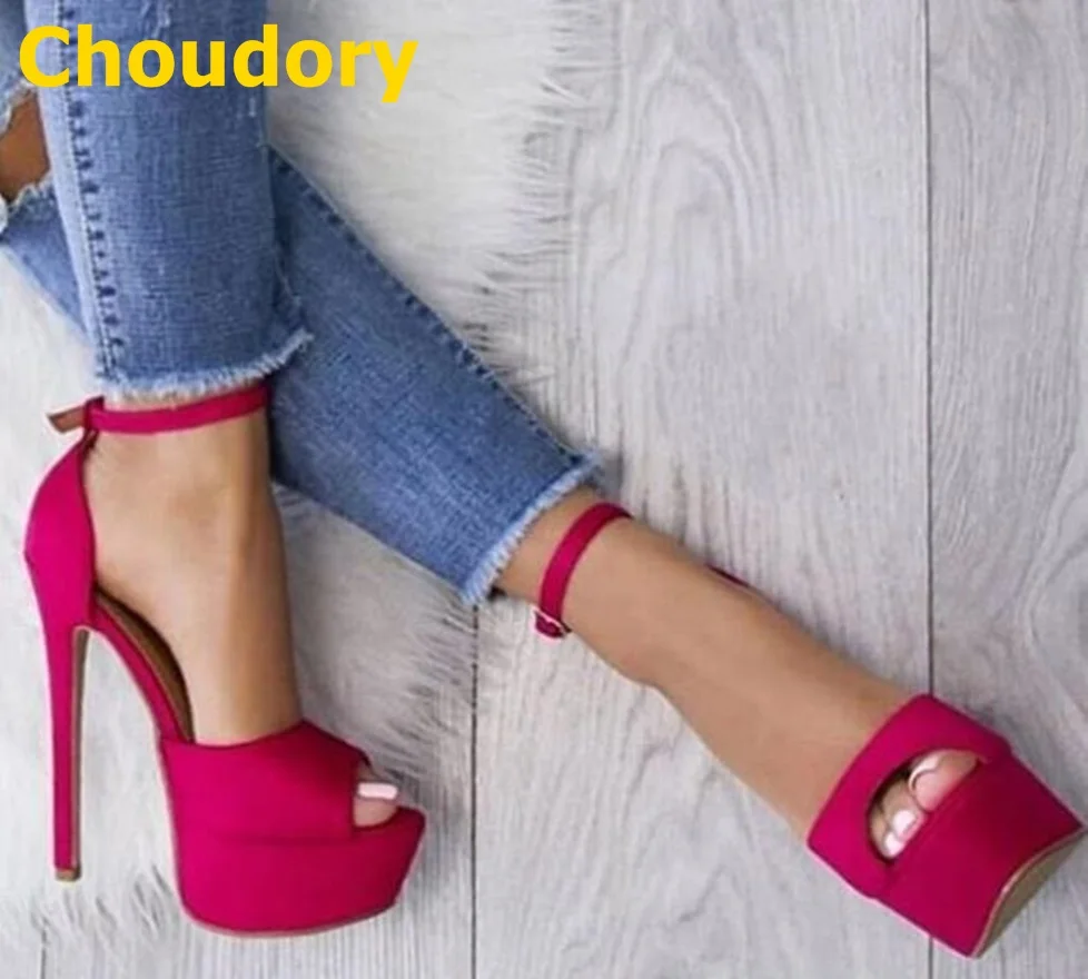 

Choudory Fuchsia Suede Stiletto Heel Dress Pumps Open Toe Platform Buckle Strap Banquet Shoes Size46 Nice Heels Dropship