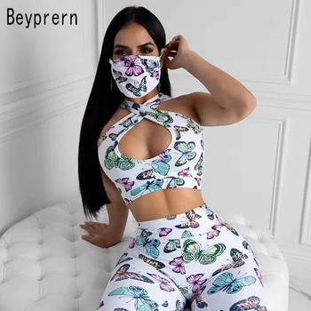 

Beyprern Casual Butterfly Print Matching Set Two Piece Outfits Sexy Cut Out Crop Top And Legging Set Gym Clothes Sportywear