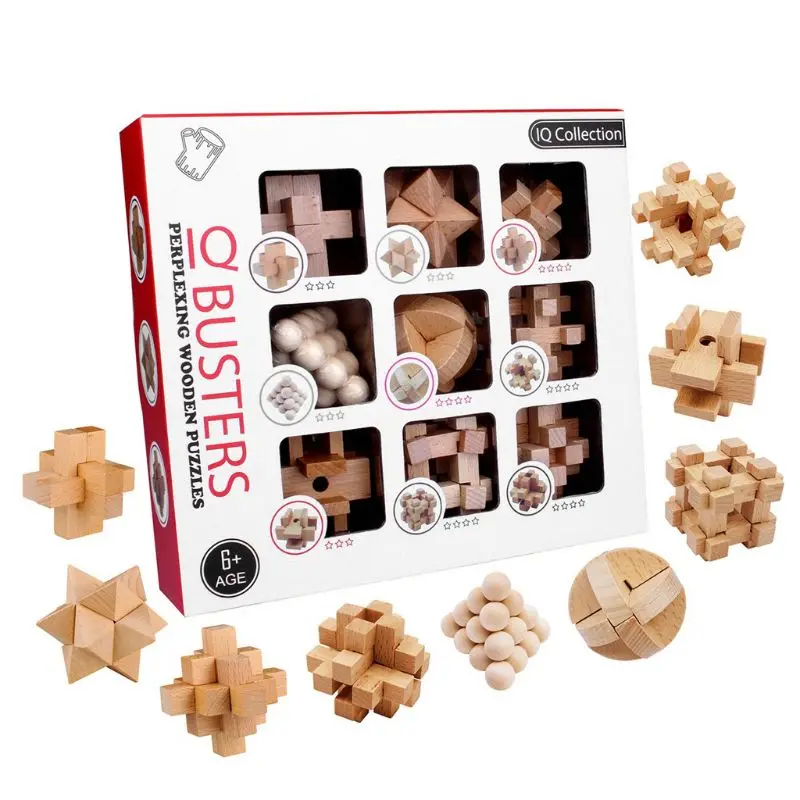

9Pcs/Lot Classic IQ 3D Wood Puzzle Toys Interlocking Logic Games for Adult Kids