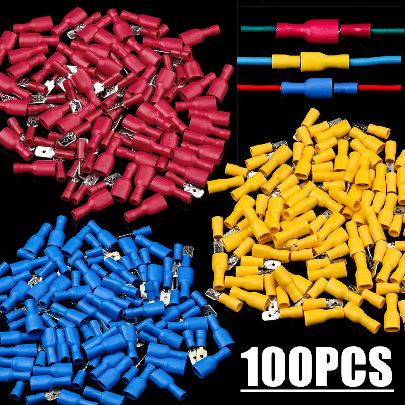 100PCS（50Pairs） Insulated Female&Male Crimp Spade Terminals Butt Splice 6.3mm Electrical Wire Connectors Wiring Cable Plug
