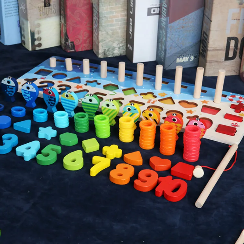 

Baby Brain Development FishingToys Montessori Match Funny Toy Geometric Sorting Board Wooden Blocks Kids Educational Toys