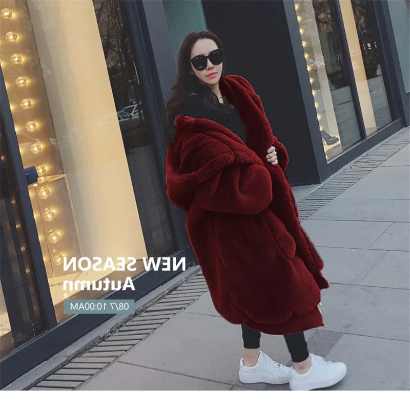 Женские зимние пушистые куртки из искусственного меха кролика с капюшоном, толстые теплые длинные женские пальто, свободная Роскошная куртка, верхняя одежда V1028 - Цвет: red wine