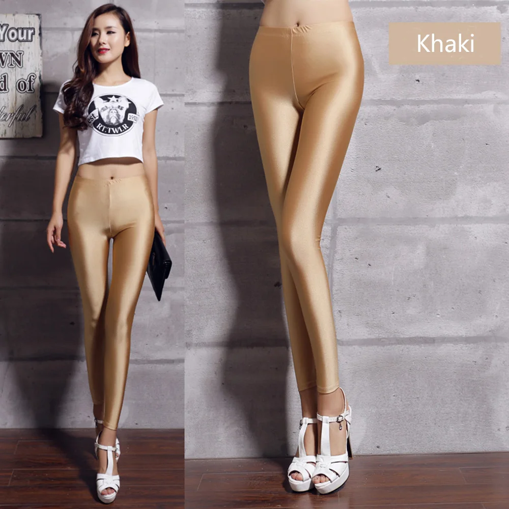 Hot Selling Women Solid Color Fluorescent Shiny Pant Leggings Large Size Spandex Shinny Elasticity Casual Trousers for Girl