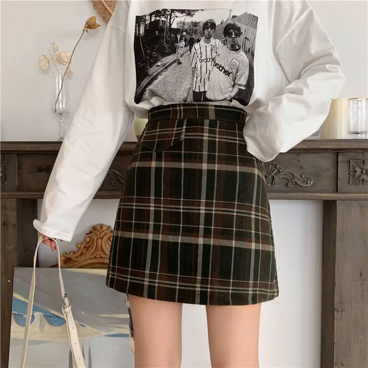 Autumn Winter Plaid Woolen Skirt Women Korean Short Mini Skirt Woolen Checked Skirts Harajuku Student Plus Size Saias Japanese