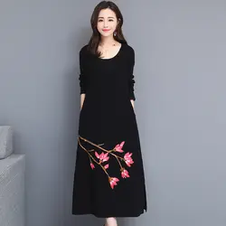 2019 Новый весна-осень китайский Стиль Винтажные наряды Для женщин большого размера, в цветочек, с принтом длинные элегантные Винтаж платье