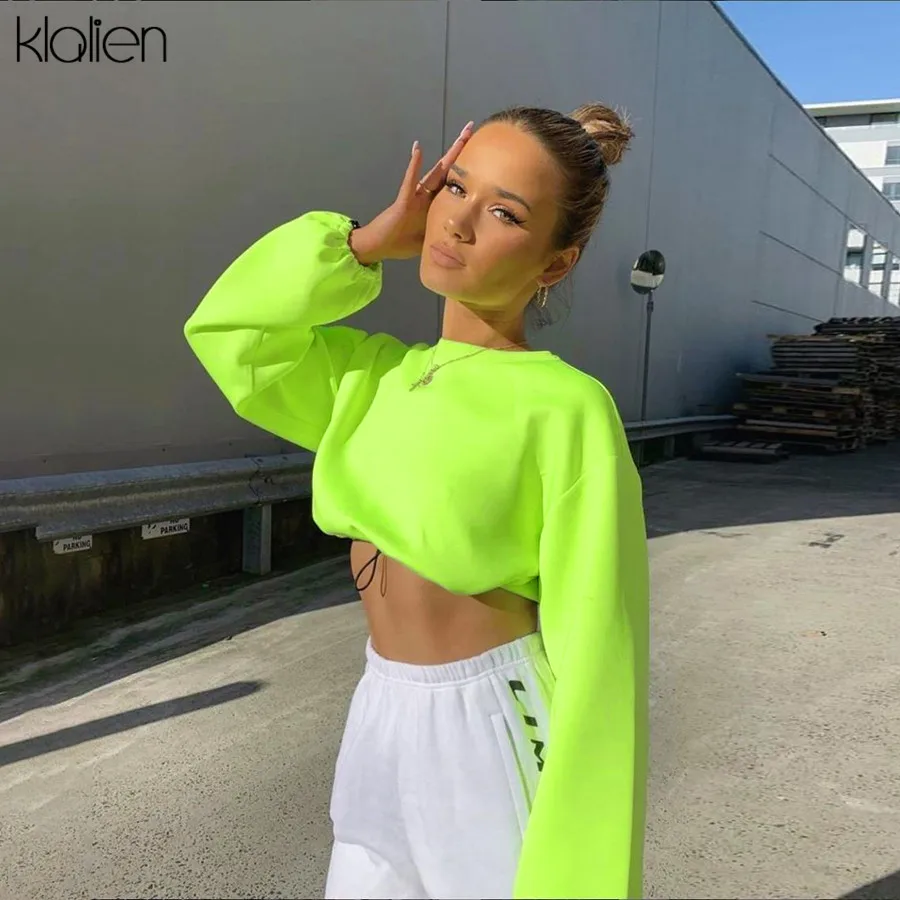 KLALIEN neon green с круглым вырезом и длинным рукавом, укороченный топ с завязками, толстовки осень-зима, новые уличные однотонные Свободные толстовки