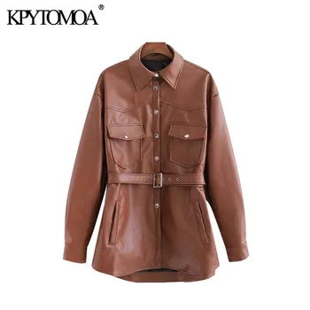 

Vintage Stylish Pockets PU Faux Leather Jacket Coat Women 2020 Fashion Long Sleeve With Belt Female Outerwear Chic Tops
