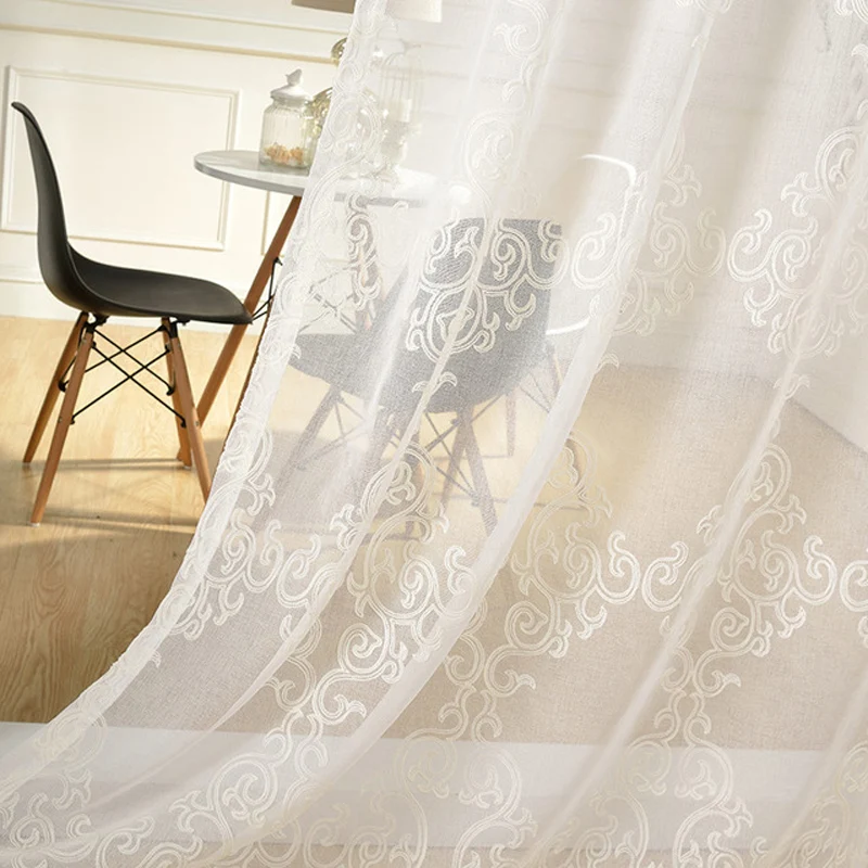 European Geometry Embroidered Tulle for Living Room White Linen Tulle for Bedroom Window Drapes White Voile Sheer X-HM063#30
