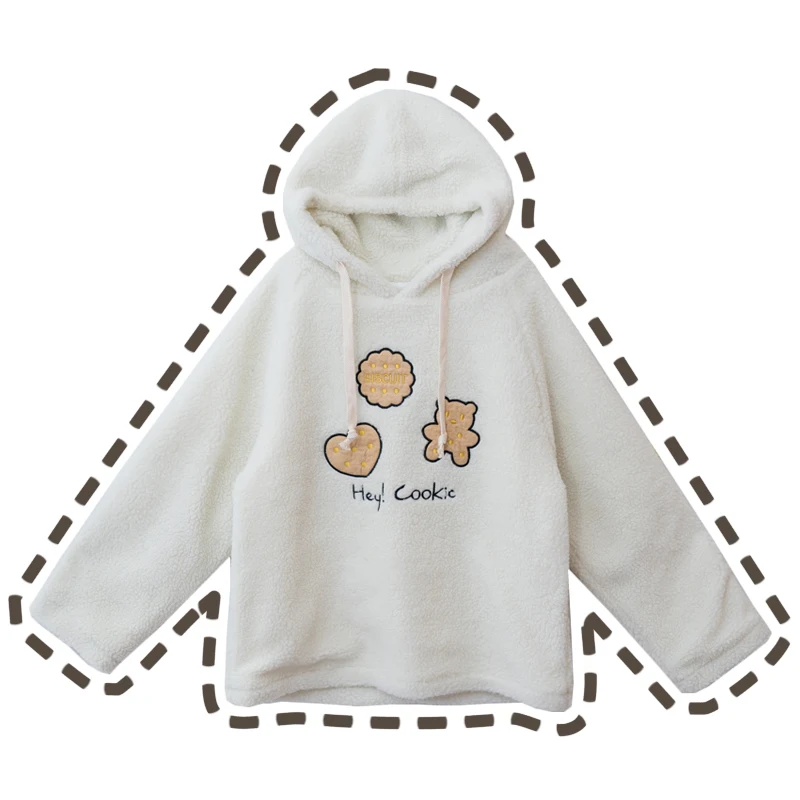 Kawaii печенье вышивка зимняя женская кашемировая теплая толстовка с капюшоном длинный рукав Пуловеры Толстовки цвет бежевый