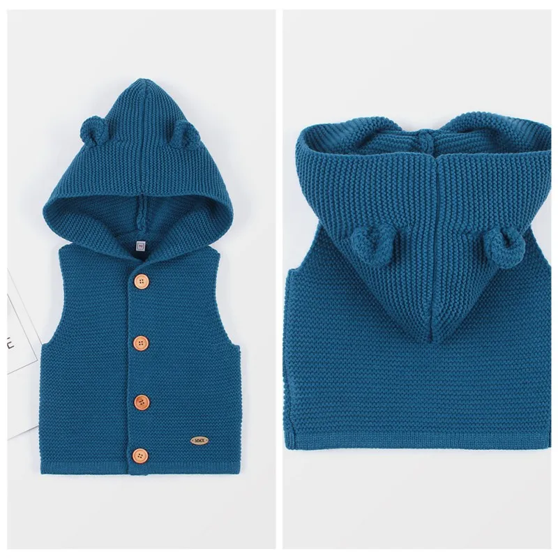 Осенний детский однотонный жилет с капюшоном и принтом для маленьких девочек и мальчиков 0-24 месяцев, свитер, топы без рукавов, пальто, верхняя одежда
